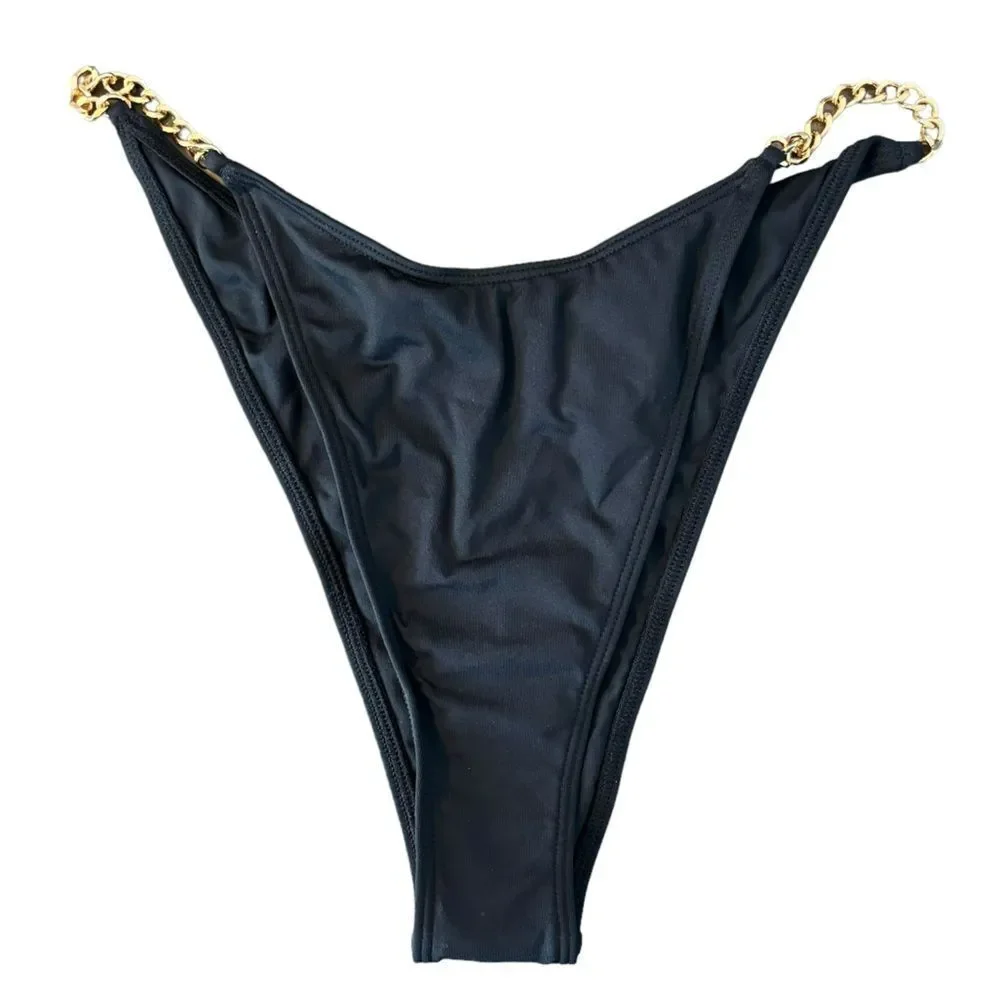 L*Space Van Damme Bikini Bottom Black & Gold Chain Bitsy Size Small NEW